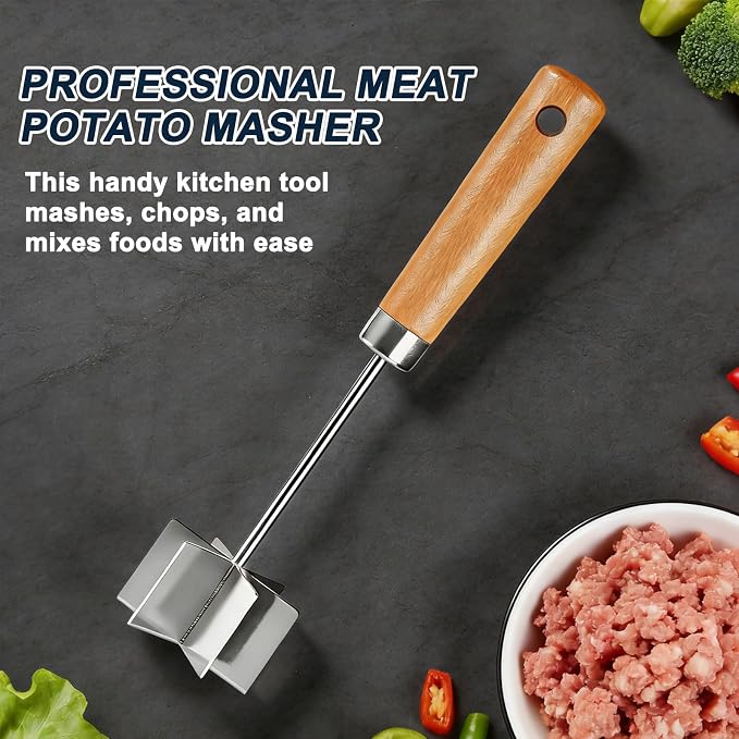 Stainless steel Meat Chopper, 6 Curve Blades Ground Beef Smasher,Potato Masher Utensil,Heat-Resistant Hamburger Meat Smasher,Heavy Duty Wooden Handle