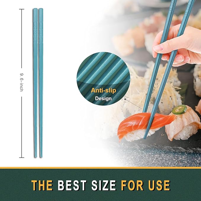 Hiware 10-Pair Reusable Fiberglass Chopsticks, Non-Slip Chop Sticks Set Japanese Style, Dishwasher Safe, Colorful, 9.5-Inch