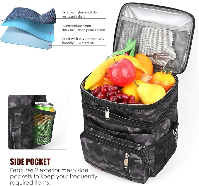 MIYCOO Lunch Bag for Men & Women, Expandable Double Deck Lunch Box, 15L | Leakproof & Waterproof, Portable, Large Soft Insulated Cooler bag for Adult, Work, Camping, Beach, Picnic, Travel