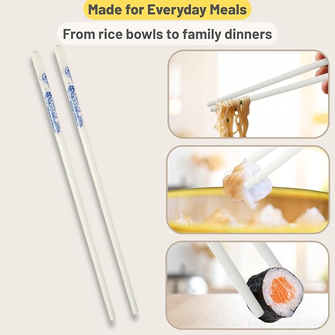 Porcelain Chopsticks Set of 5 Pairs, Reusable Bone Ceramic Chopsticks, Dishwasher Safe, Non-Slip Design, Elegant Gift Box for Family or Restaurant Use (Lantern flower)