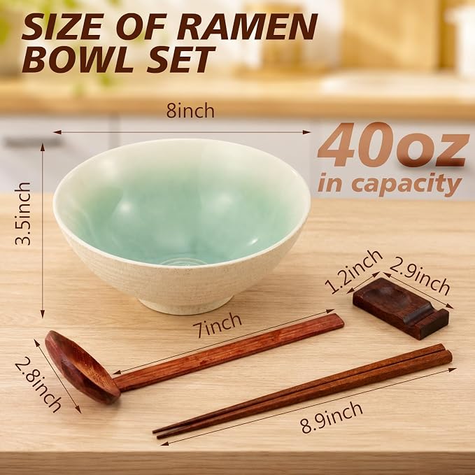 Geiserailie 40oz Ceramic Japanese Ramen Bowls Set of 4, 8 Inch Deep Asian Pho Udon Soup Noodle Bowls with Chopsticks, Spoons & Chopstick Rest -Microwave & Dishwasher Safe(Nordic Minimal)