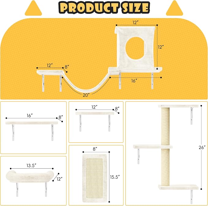 6-in-1 Cat Wall Shelves, Wall Mounted Cat Climber with Condo House, Scratching Post, Bridge Ladder, Space-Saving Indoor Play Furniture for Kittens, Beige