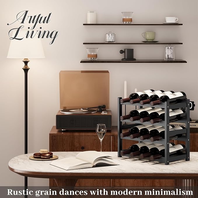 Wine Rack，Bamboo Wine Storage Cabinet Shelf，Countertop Wine Shelf- Freestanding Wine Holder for Kitchen & Pantry (Black, 4-Tier)