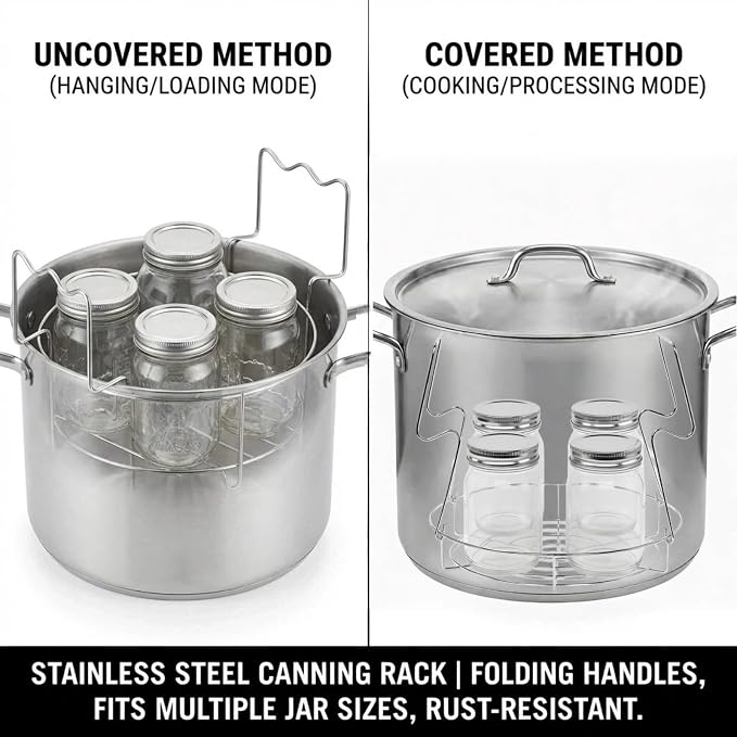 Stainless Steel Canning Rack with Jar Lifter Tongs, 10 Inch, 2-Piece Set | Heavy-duty canning basket separates mason jars for even water flow; fits water bath and pressure canners plus stock pots.