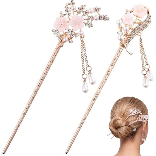 2 Pcs Rhinestone Pearl Flower Hair Stick Chinese Hair Chopsticks Vintage Tassel Hair Pin Chignon Pin Hair Styling Making Accessories for Women