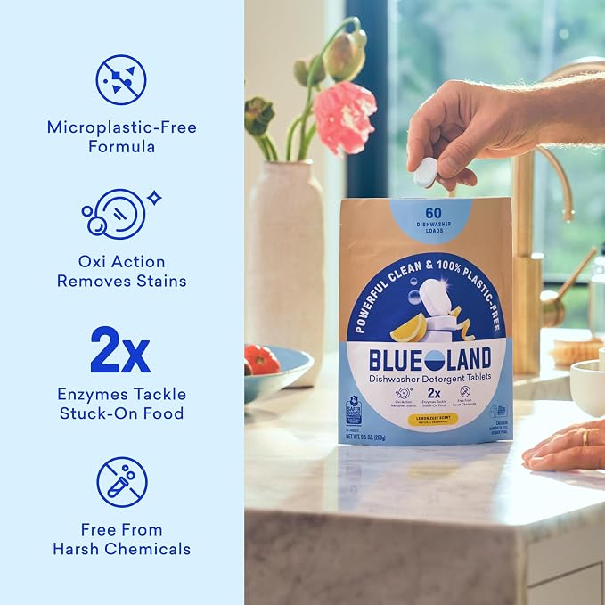 BLUELAND 100% Plastic-Free Dishwasher Detergent Tablets, 120 Count, Lemon Zest Scent, Eco Friendly Dishwashing Pods, Cuts Grease & Stuck on Food, Rinses Clean for Streak-Free Shine