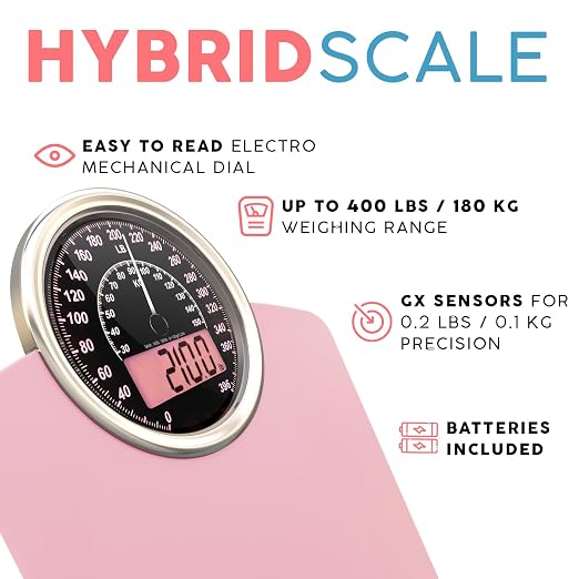 Hybrid Bathroom Scale - Analog & Digital Display, Accurate to 400 lbs | See weight on both an analog dial and digital LCD at once. Wide glass platform, accurate to 0.2 lbs, batteries included.