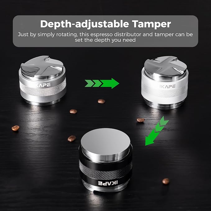 IKAPE Coffee Products, 51mm Coffee Distributor & Hand Tamper, Adjustable Depth Espresso Distributor Fits All 53mm Espresso Portafilter, Compatible with 51MM Breville Bottomless Portafilter (Silver)