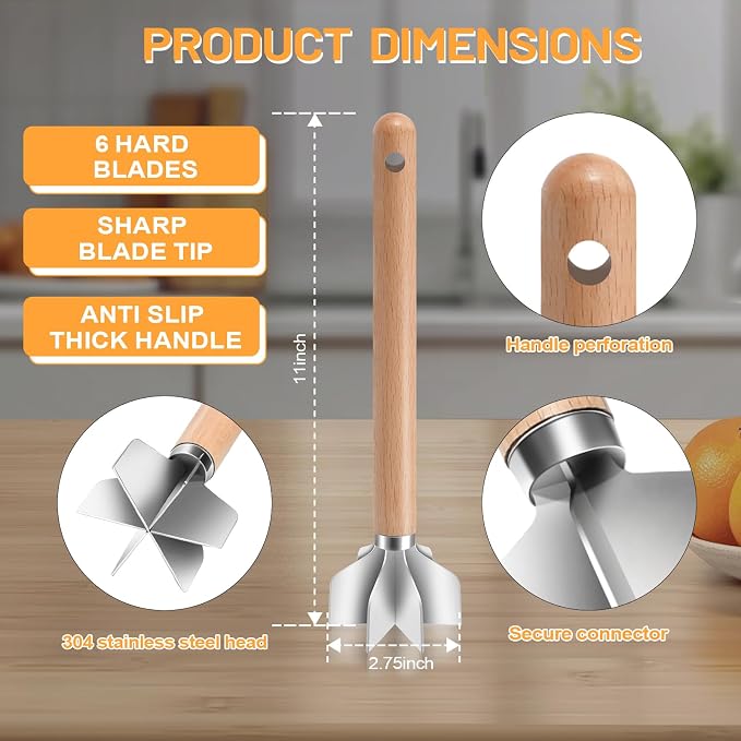 11 inch Stainless Steel Meat masher with 6 Blades, Metal Potato Masher, Ground Beef chopper tool, Suitable For Making Ground meat, Mashed potatoes, Jam and more（two pack)