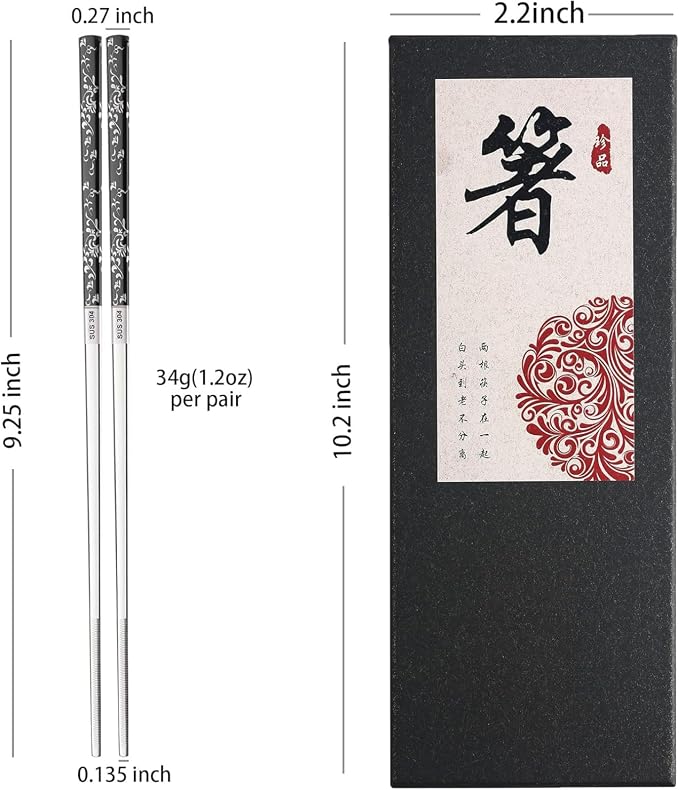 Stainless Steel Chopsticks 2 Pairs: Metal Titanium Plated Chopstick Set,Dishwasher Safe,Non-Slip,Laser Engraved,Gift Box Packaging,Japanese Chinese Korean chop Sticks for Cooking Eating