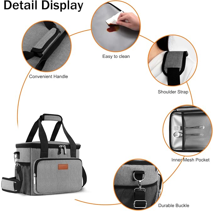 Lunch Bags for Women/Men, Insulated Lunch Bag for Work Office Picnic - Large Lunch Cooler Bag Leakproof Lunch Box with Adjustable Shoulder Strap for Adults - Grey (15L)