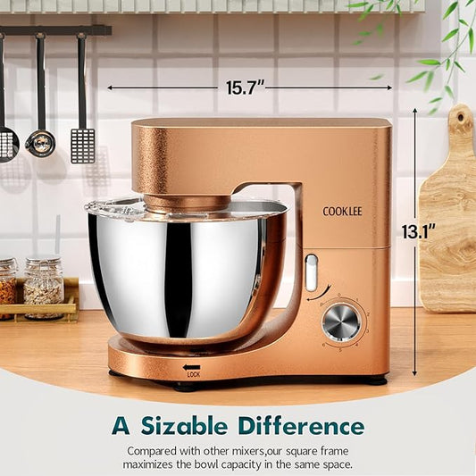 COOKLEE Stand Mixer, 9.5 Qt. 660W Electric Kitchen Mixer with Dishwasher-Safe Dough Hooks, Flat Beaters, Wire Whip & Pouring Shield Attachments for Most Home Cooks, Champagne