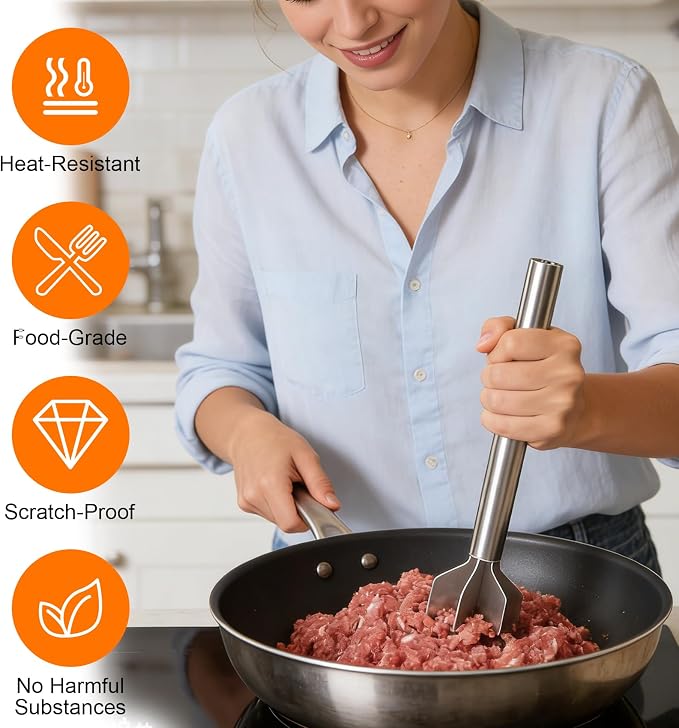 Meat Masher, Stainless Steel 6 Blade Ground Beef Chopper Tool | with Long Handle, Masher Shredder for Potato Hamburger Vegetable Puree, Dishwasher Safe