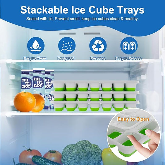 Ice Cube Tray, Ice Cube Trays for Freezer 3 Pack with Lids, Ice Tray Easy-Release, Ice Trays for Freezer Stackable, Silicone Ice Cube Tray for Drinks, Coffee - BPA-Free and Odor-Free