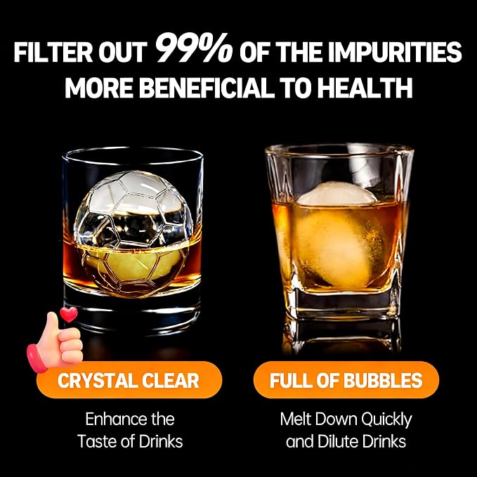Clear Soccer Ice Ball Maker - Premium Silicone Mold Tray Makes 2.5" Clear Ice Spheres for Whiskey & Cocktails,for Home Bar, Sports Fans & Entertaining