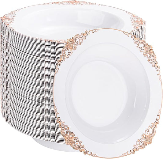 100PCS Rose Gold Plastic Bowls - 12 oz Disposable Salad Bowls - Heavy Duty Disposable Soup Bowl - Fancy Plastic Ice Cream Bowl for Weddings Parties Catering Picnics