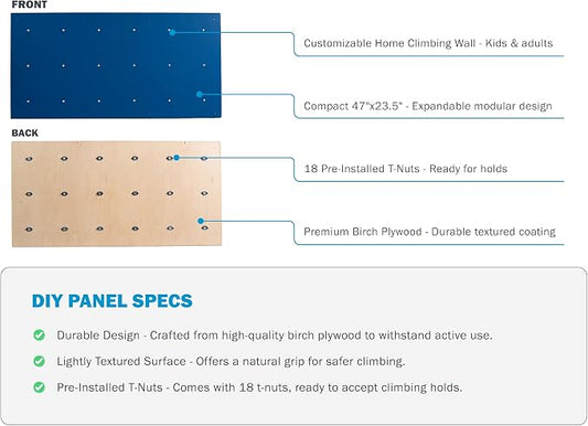 DIY Climbing Wall Panel – 47" x 23.5" Birch Plywood, Pre-Drilled T-Nuts, Textured & Paintable Surface – Indoor Home Gym & Kids Playroom Rock Wall Panel (Climbing Holds Not Included) (Chalk)