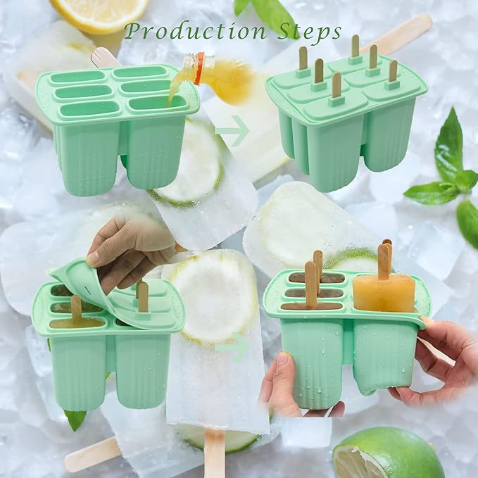 6 Pieces Silicone Popsicle Molds,Easy-Release Bpa-Free,Ice Pop Mold,Ice Cream Molds For Kids,With 50 Pcs Popsicle Sticks+Cleaning Brush(Green）