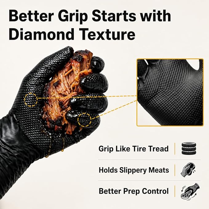 Disposable BBQ Gloves, Black, 10 MIL Thickness, Diamond Texture, Wear Over Cotton, 30 Count, 2 Cotton Glove Liners Included (1)
