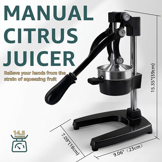 Manual Citrus Juicer, Cast Iron Lemon Squeezer for Orange Lime | Heavy Duty Commercial Grade Fruit Press, Rustic Hand Juicer Large Capacity Easy Clean, Black