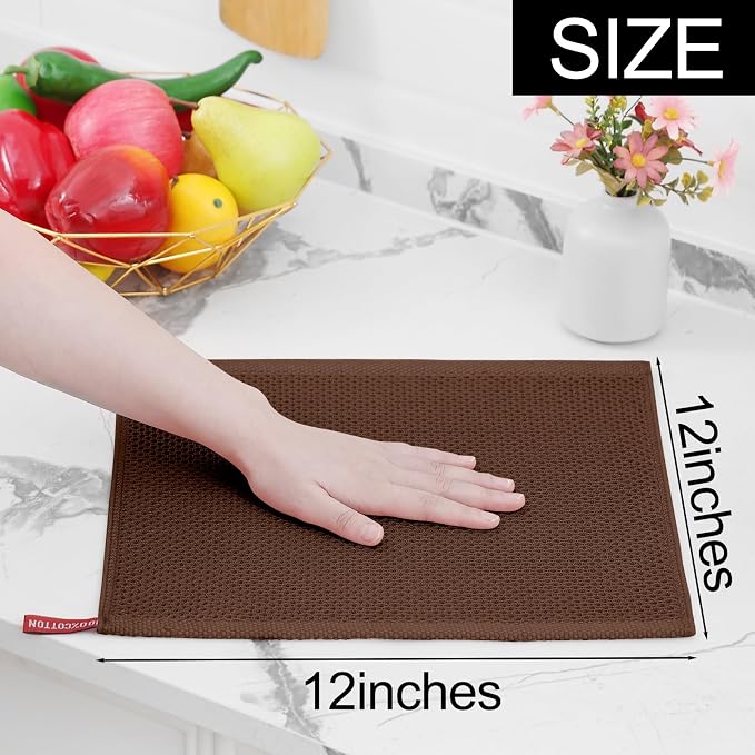 Homaxy 100% Cotton Waffle Weave Kitchen Dish Cloths, 4-Pack, Coffee | 12 x 12 Inches, Ultra Soft Absorbent Dish Towels, Quick Drying Dish Rags with Hanging Loop