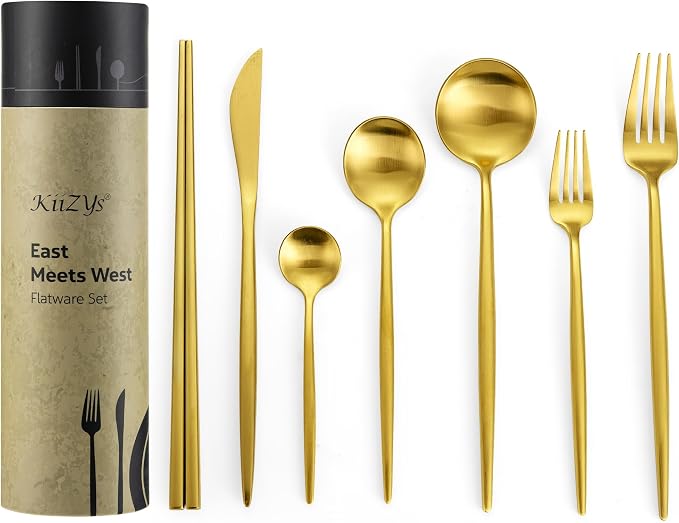KiiZYs Matte Gold Silverware Set Cutlery Set - 14-piece 18/10 Stainless Steel Flatware Utensil Set - Korean Chopsticks Fork Spoon Knife - Reusable Dishwasher Safe - Gift Box (Gold, Service for 2)