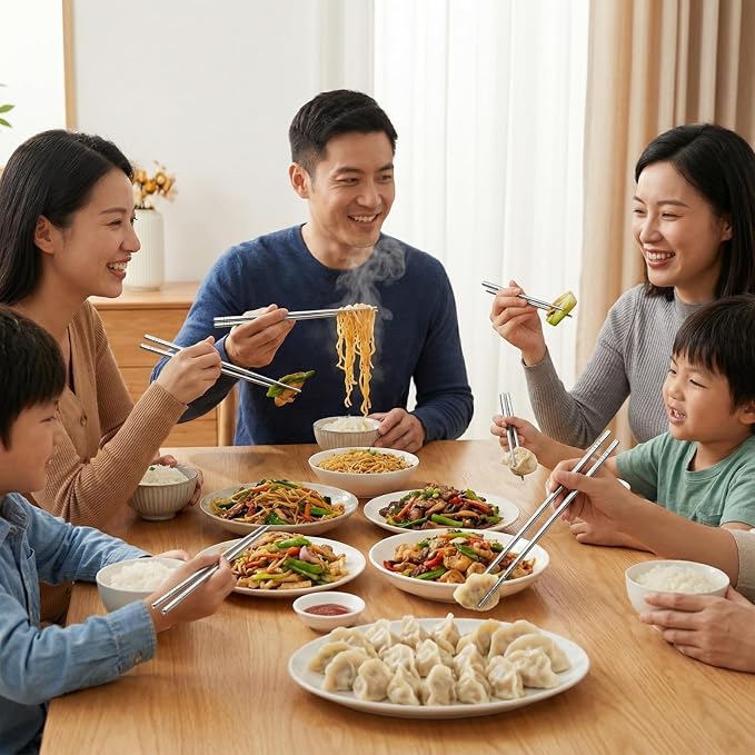 Stainless Steel Chopsticks 5 Pairs, 9 Inch Reusable Metal Chop Sticks, Lightweight Hollow Design, Square Anti-Roll & Non-Slip Tips, Dishwasher Safe Food Grade 18/8