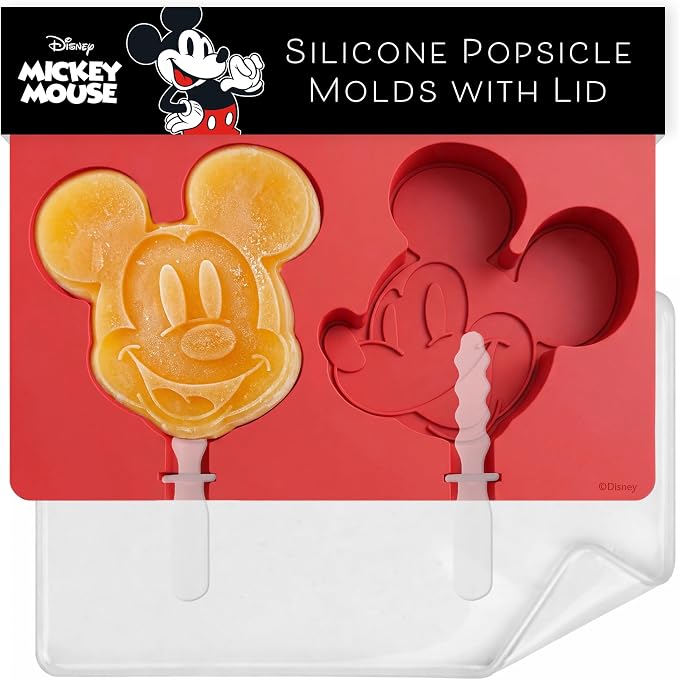 Disney Silicone Popsicle Molds with Lid – Compact BPA-Free Popsicle Maker Featuring Mickey, Flexible Ice Pop & Ice Cream Molds with Sticks, Dishwasher Safe, 2 Mold Set for Homemade Frozen Treats
