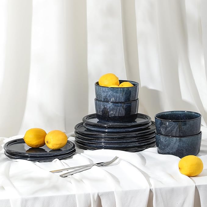 Stone Lain Eden 12-Piece Dinnerware Set Stoneware, Plates and Bowls Set, Dishwasher and Microwave Safe Dish, Dish Set for 4, Dark Blue