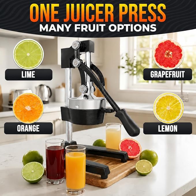 Cast Iron Juicer Hand Press, Heavy-Duty Squeezer, 304 Stainless Steel Bowl – One Pull Extracts Full Juice – Manual Citrus Press Juicer & Orange Squeezer for Lemon, Lime & Lemonade at Home Bar (Black)