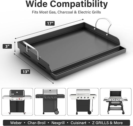17"x13" Pre-Seasoned Nonstick Cast Iron Griddle for Gas Grill - Universal Flat Top with Grease Groove, Reinforced Ridges & High Sidewalls for Gas/Charcoal, Fits Weber, Charbroil