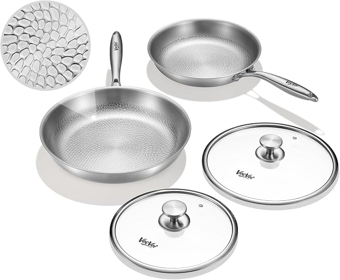 Titanium pans for cooking with lid,10"+12" Nonstick pro frying cookware | Uncoated Hammered Pure Titanium, PFOA/PFAS/PTFE Free skillets, Induction & Oven-Safe, Compatible with All Cooktops
