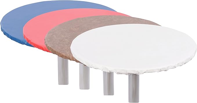 Yourtablecloth Heavy Duty Vinyl Round Fitted Tablecloth (Table Cover) with Flannel Backing Vibrant Colors Elasticized Tablecloth Great for Indoor and Outdoor Dining and Playing Cards 60” White