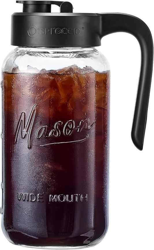 Mason Jar Pitcher - Airtight & Leakproof Glass Pitcher with Lid, Perfect for Breastmilk, Cold Brew, and Sun Tea, 2 Quart (64 oz) 1/2 Gallon Mason Jar with Pour Spout Lid