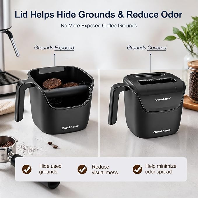 Ourokhome Espresso Knock Box with Lid, Compact Coffee Grounds Container for Home Coffee Bar, Removable Knock Bar, 304 Stainless Steel Exterior, Non-Slip Base & Handle, Easy Clean (Black)