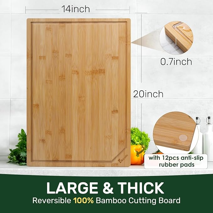 Kikcoin 20”×14” Bamboo Cutting Boards for Kitchen, Wooden Healthy Cutting Boards for Charcuterie, Vegetables, Cheese, Bread, Extra Large Chopping Boards with Deep Juice Groove and Handle, Natural