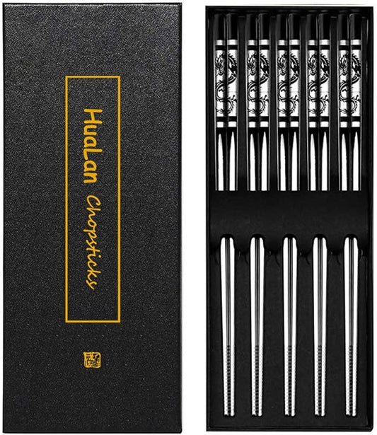 Metal Chopsticks ,Stainless Steel Non-Slip Design Chopsticks Reusable Dishwasher Safe Chop Sticks Laser Engraved Dragon Pattern 5 Pairs Gift Set