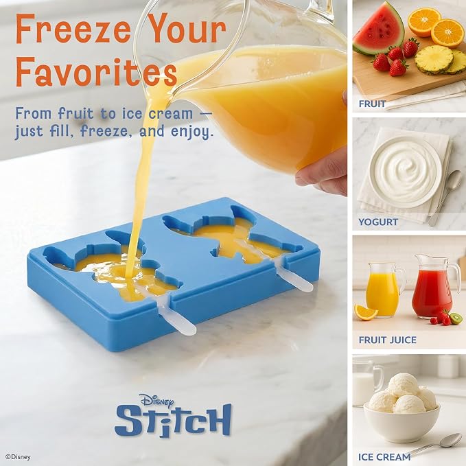 Disney Silicone Popsicle Molds with Lid – Compact BPA-Free Popsicle Maker Featuring Stitch, Flexible Ice Pop & Ice Cream Molds with Sticks, Dishwasher Safe, 2 Mold Set for Homemade Frozen Treats