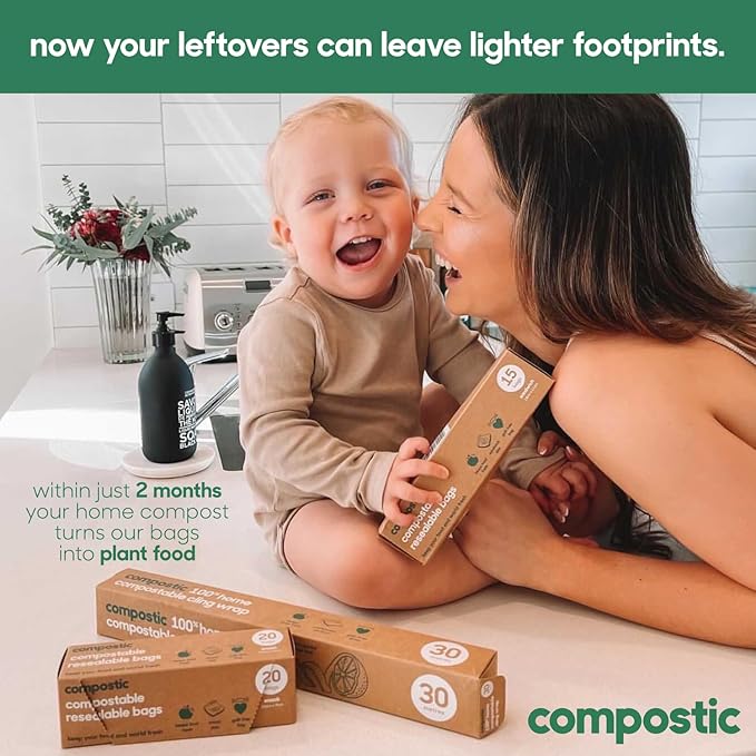 Compostic Compostable Snack Bags, Snack Size (60 Count) Starter Pack — Resealable Zip-Seal, Plant-Based, Home Compostable, Freezer Safe, BPA-Free, Non-Toxic, GMO-Free Food Storage Bags