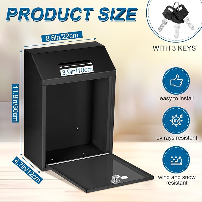Yaocom Metal Money Box,Black,11.81 x 8.58 x 4.72 Inch,No Lid | Wall Mounted Drop Donation Cash Box for Farm Stand Collection Safe Suggestion Box with Lock Container for Home Office Outdoor