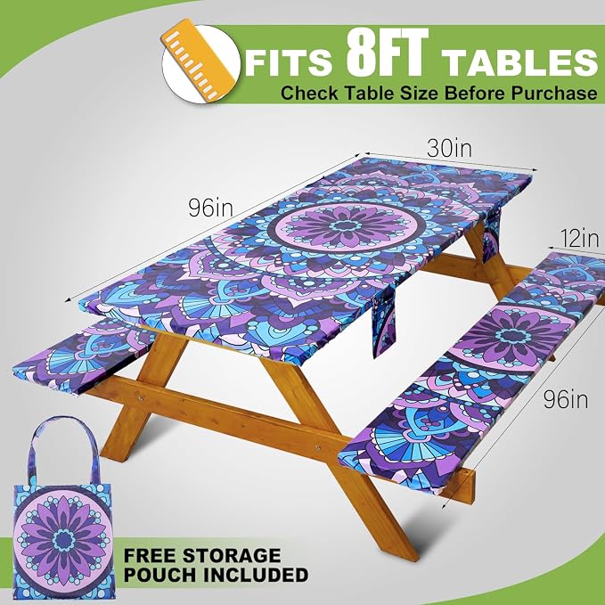Wrakus Picnic Table Cover with Bench Covers Vinyl Elastic Edges Fitted Rectangle Tables Seat Waterproof 3-Piece 96X30in Set Outdoor Rectangular Folding Backing Tablecloth Camping Over Size Mandala
