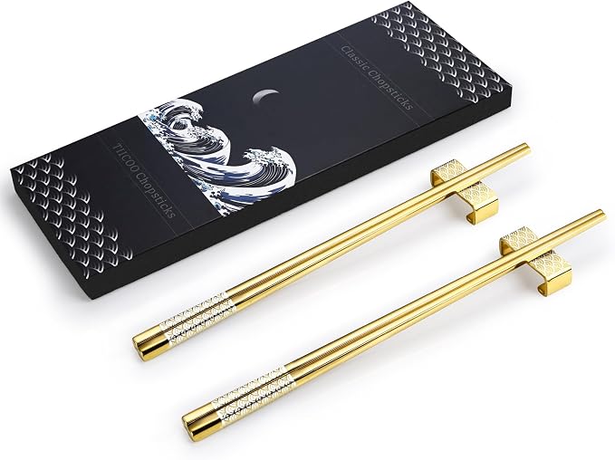 Titanium Stainless Steel 18/8 Chopsticks with Holder, 2 Pairs Dishwasher Safe, Japanese Style Gift Set (Golden)
