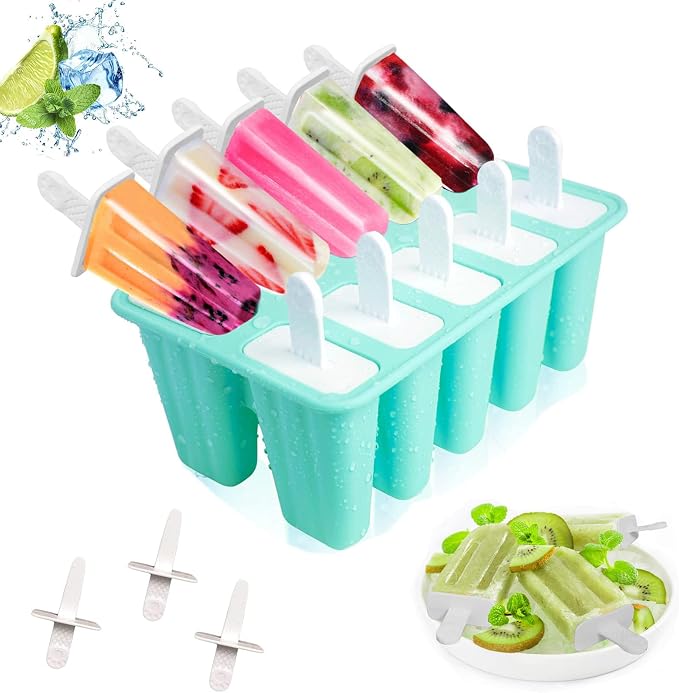 Popsicles Molds, 10 Pieces Silicone Ice Pop Molds with 10 Sticks BPA Free Popsicle Molds Reusable Easy Release Ice Popsicle Maker, Green