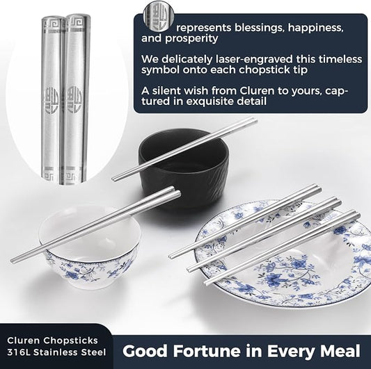 Premium 316L Stainless Steel Chopsticks Set (5 Pair silver) - Reusable Metal Chopsticks with Laser Etching, Elegant Gift Box, Dishwasher Safe