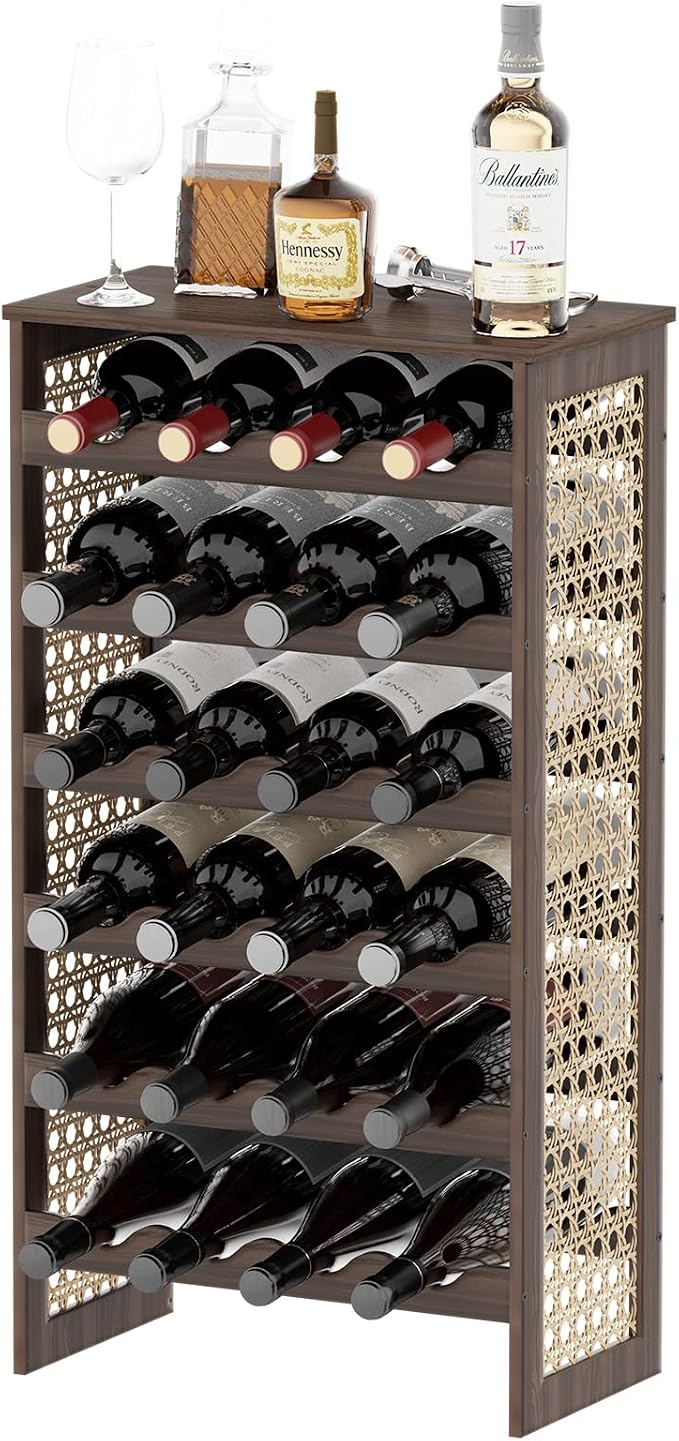 24 Bottle Wine Rack Freestanding Floor, Wine Bottle Holder, Boho Pine Wood & Rattan Mesh Wave Design, for Kitchen Bar Cellar Storage, 16.5" x 9.1" x 29.5"