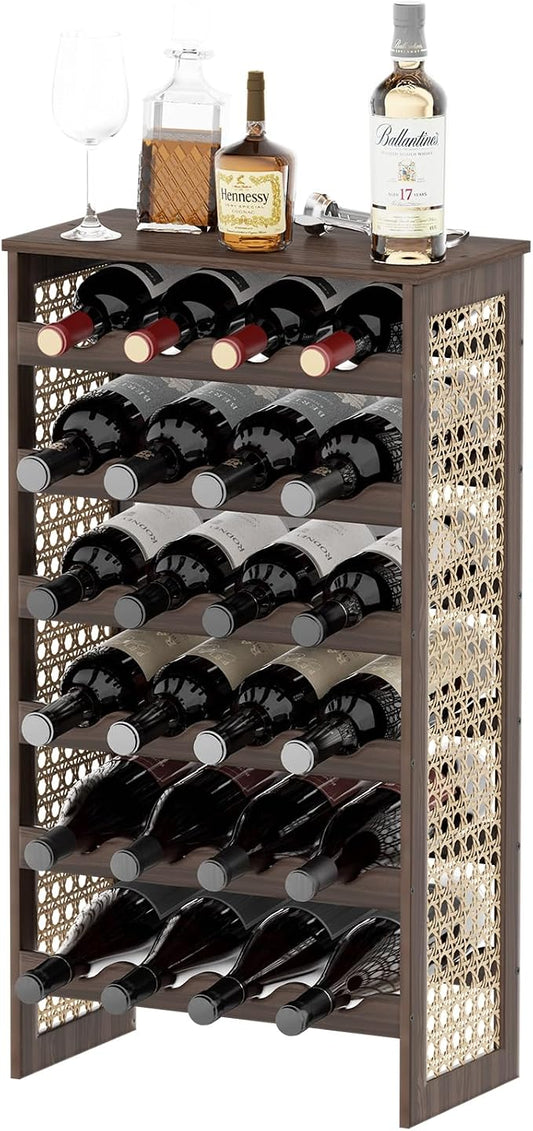 24 Bottle Wine Rack Freestanding Floor, Wine Bottle Holder, Boho Pine Wood & Rattan Mesh Wave Design, for Kitchen Bar Cellar Storage, 16.5" x 9.1" x 29.5"