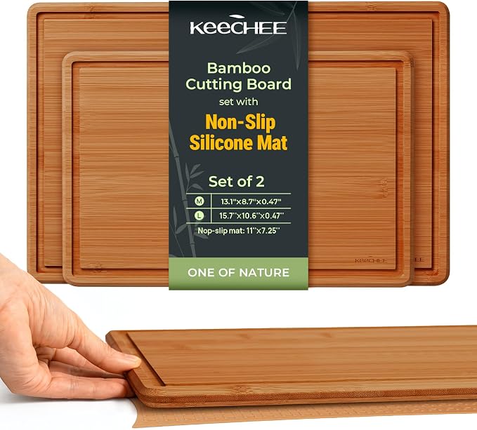 Keechee 2Pcs Cutting Board Set with Non-slip Mat, Bamboo Cutting Boards for Kitchen Meal Prep & Serving - Wood Serving Board Sets with Deep Juice Groove Ideal Kitchen Gifts