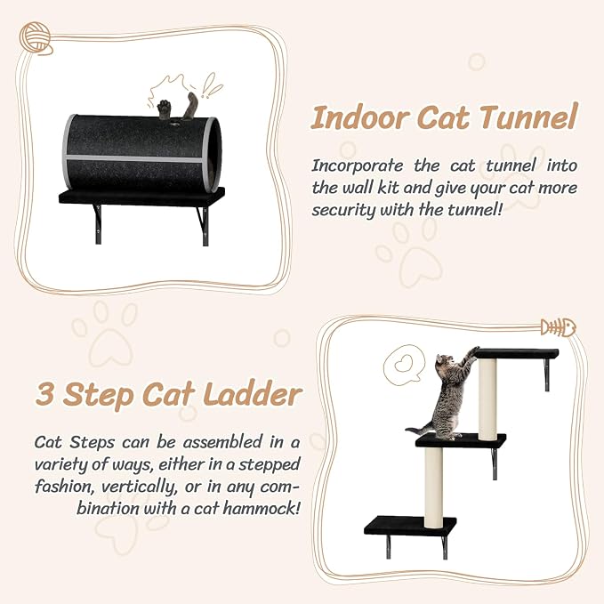 NUNU LAB 7-in-1 Cat Wall Shelves, Wall Mounted Cat Climber Set, Cat Furniture with House, Tunnel, Bridge, Steps, Scratcher, Hammock, Shelves for Indoor, Black