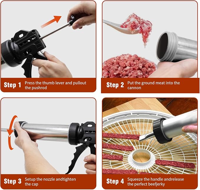 Hoypeyfiy Stainless Steel Jerky Gun Kit, Beef Jerky Maker Gun for Ground Meat, Manual Sausage Stuffer and Salami Maker with 5 Stainless Steel Nozzles, Meat Pusher and Cleaning Brushes