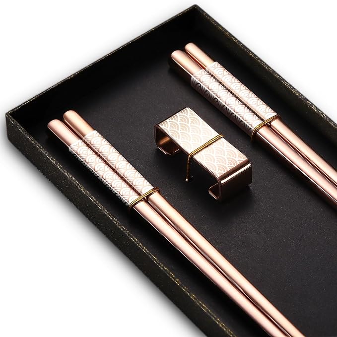 Titanium Stainless Steel 18/8 Reusable Chopsticks - 2 Pairs with Holder, Dishwasher Safe, Lightweight Japanese Style Gift Set (Rose Gold)